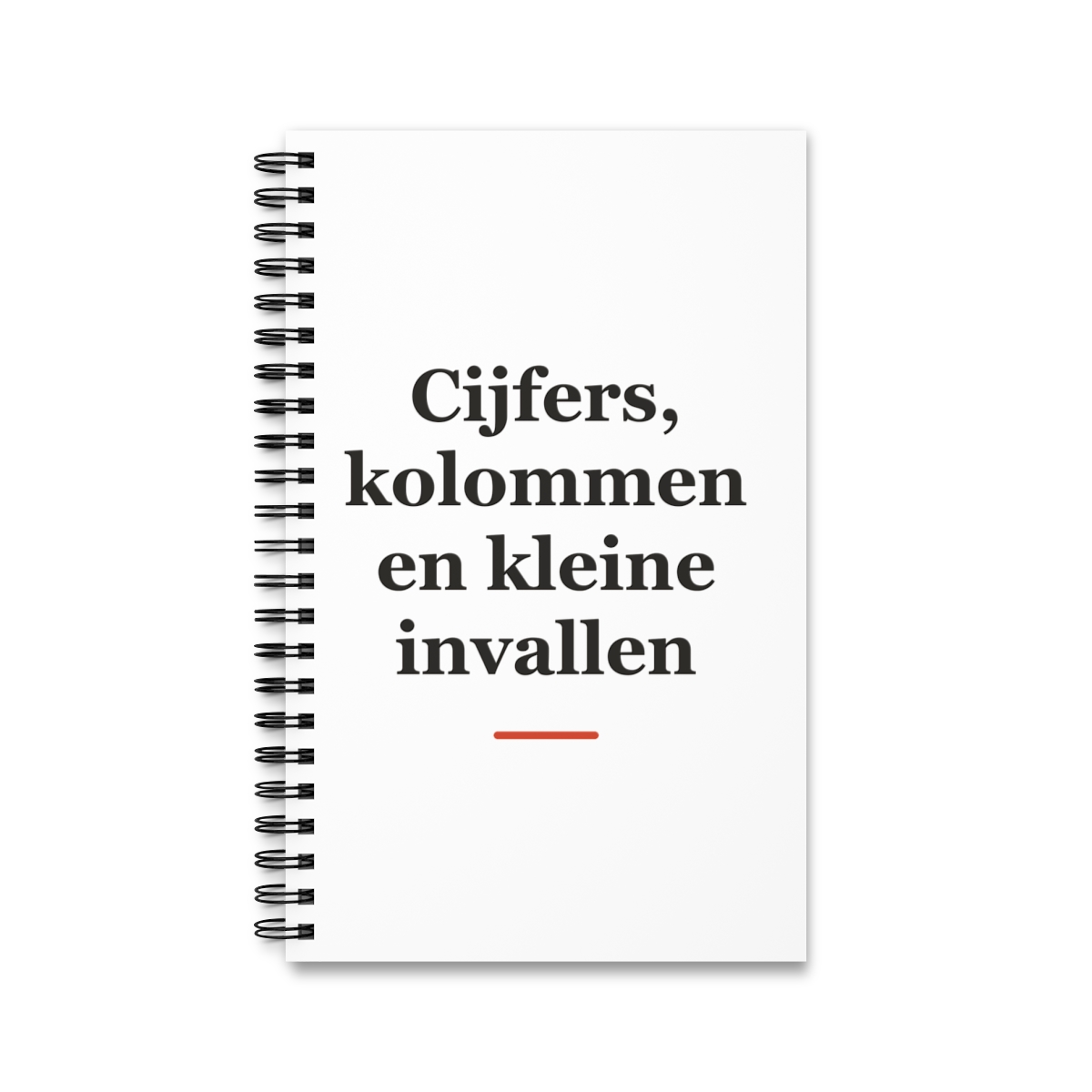 Notitieboek met tekst “Cijfers, kolommen en kleine invallen” — cadeau voor een accountant
