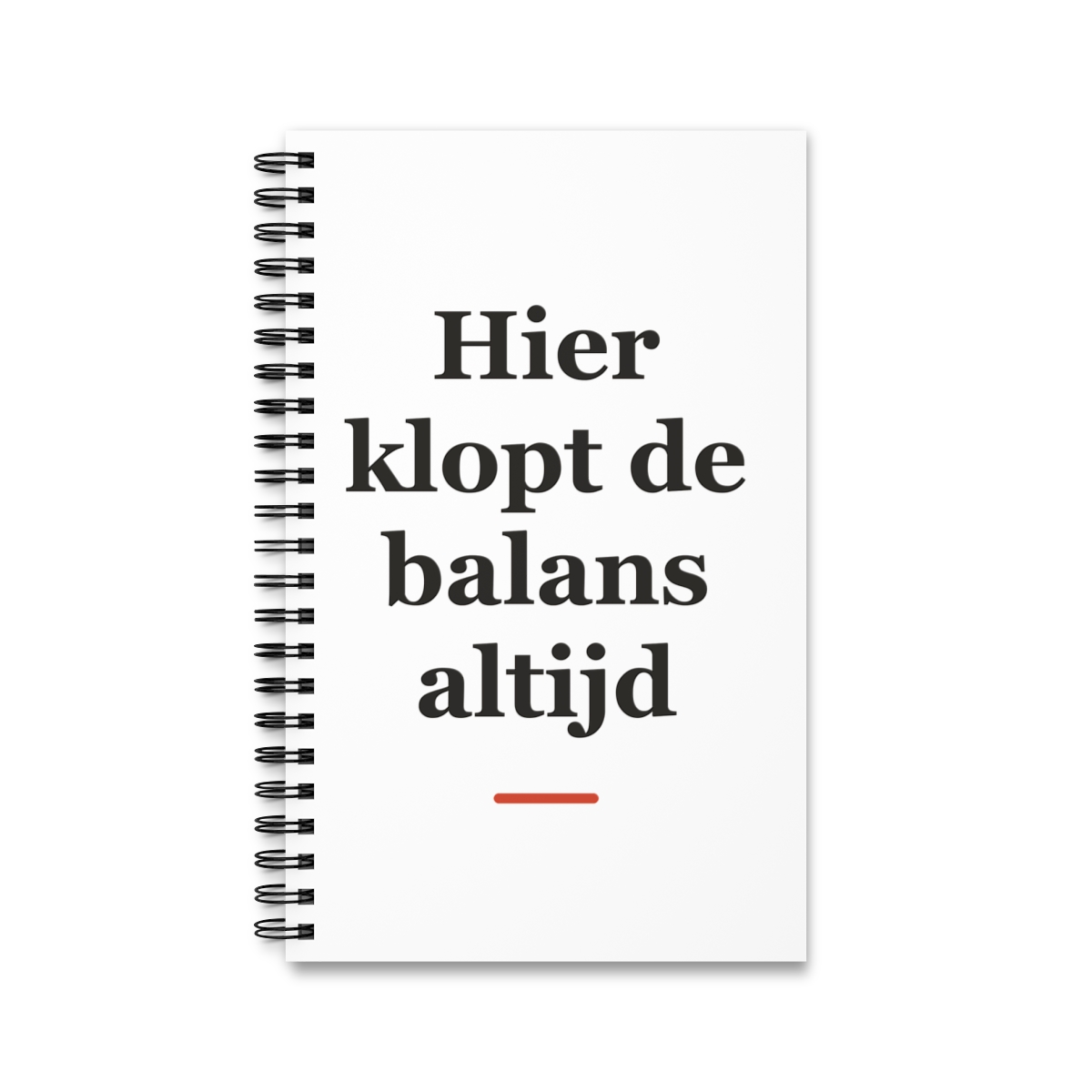 Notitieboek met tekst “Hier klopt de balans altijd” — cadeau voor een accountant