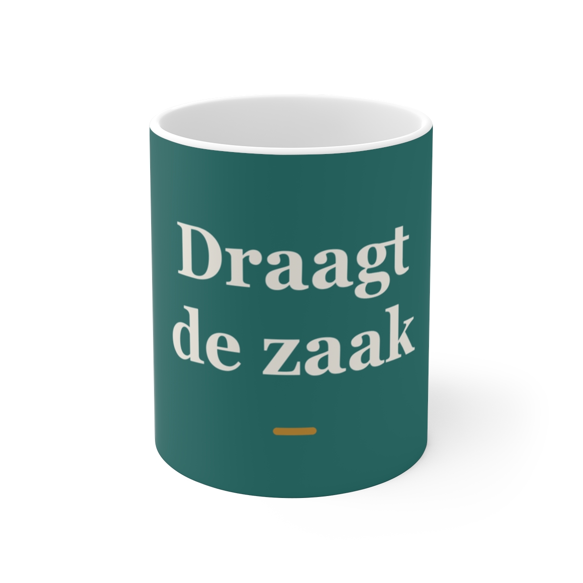 Mok met tekst “Draagt de zaak” — cadeau voor een advocaat