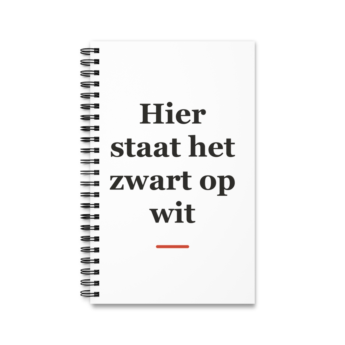 Notitieboek met tekst “Hier staat het zwart op wit” — cadeau voor een advocaat
