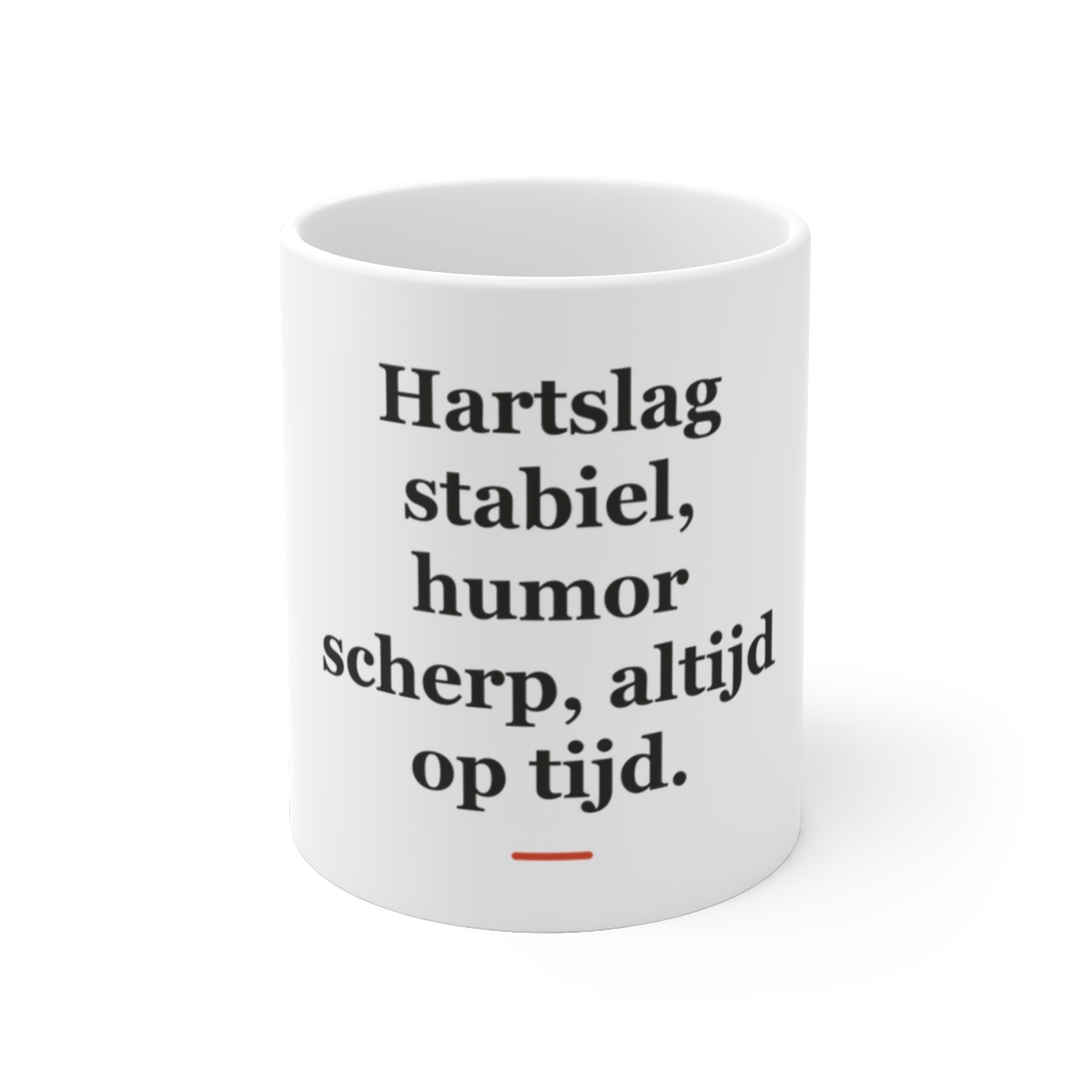 Mok met tekst “Hartslag stabiel, humor scherp, altijd op tijd.” — cadeau voor een ambulancebroeder