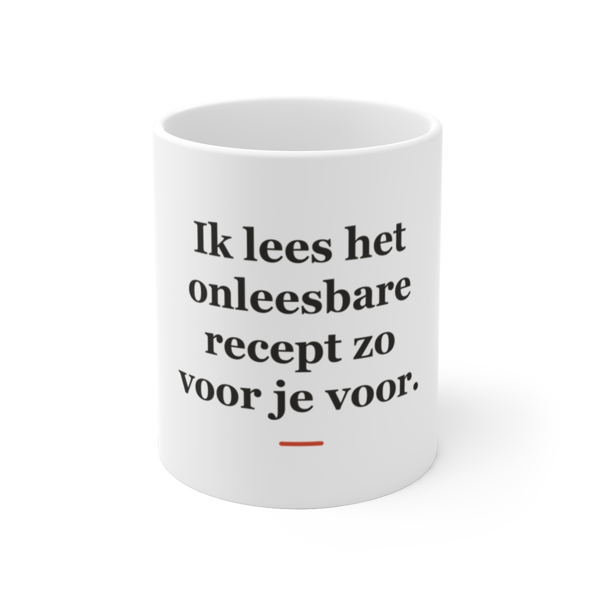 Mok met tekst “Ik lees het onleesbare recept zo voor je voor.” — cadeau voor een apotheker