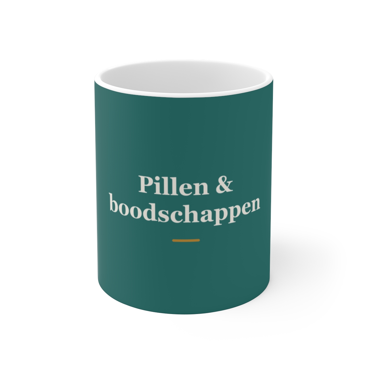 Mok met tekst “Pillen & boodschappen” — cadeau voor een apotheker