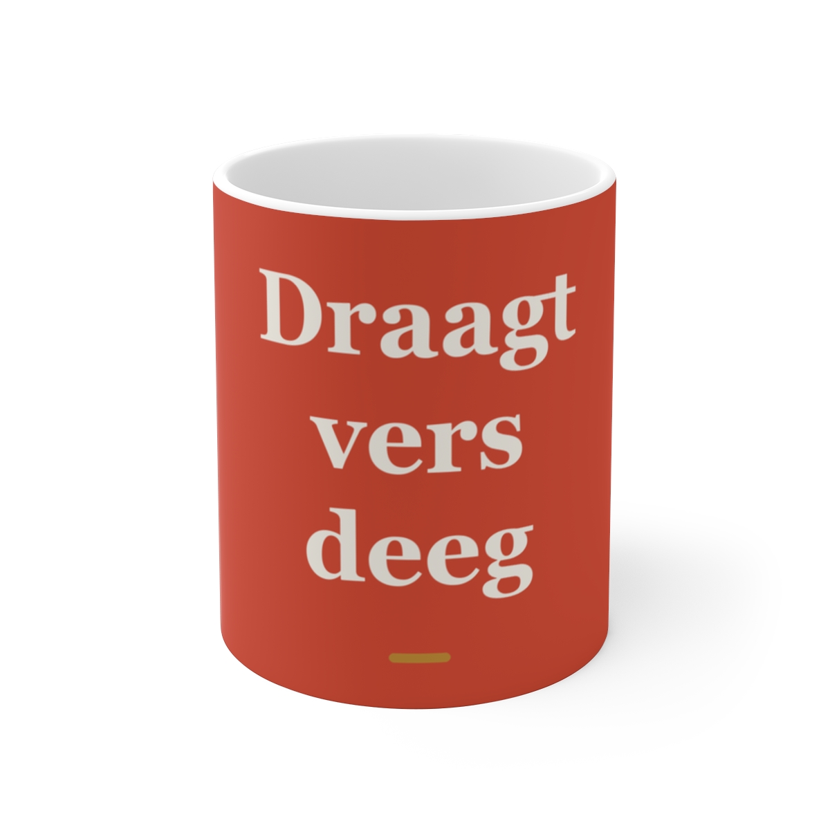 Mok met tekst “Draagt vers deeg” — cadeau voor een bakker