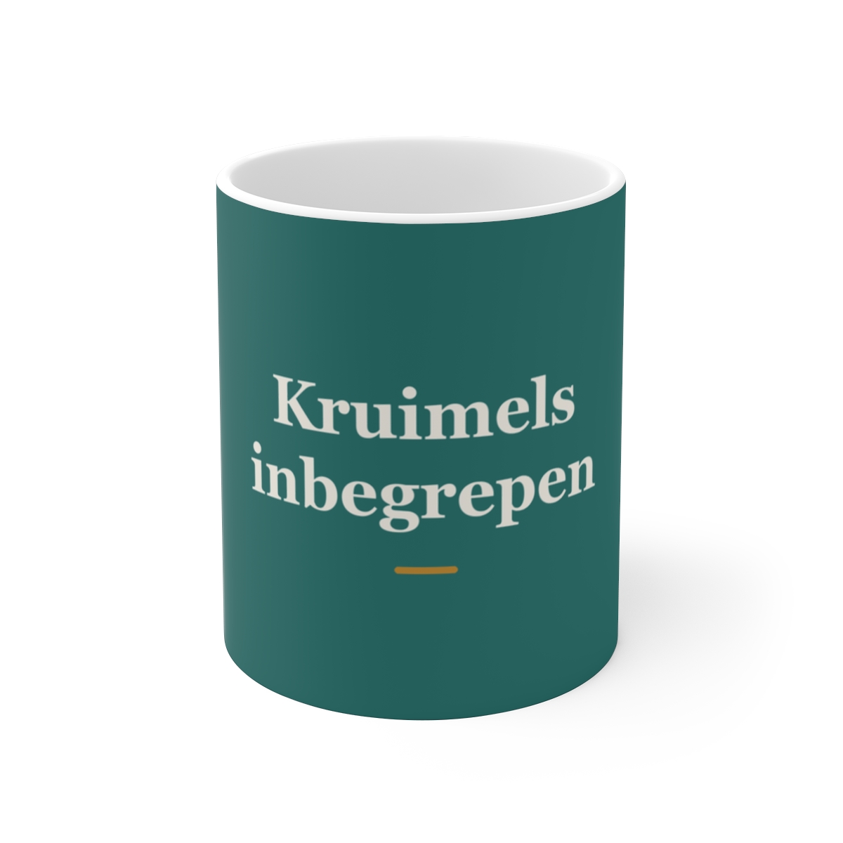 Mok met tekst “Kruimels inbegrepen” — cadeau voor een bakker