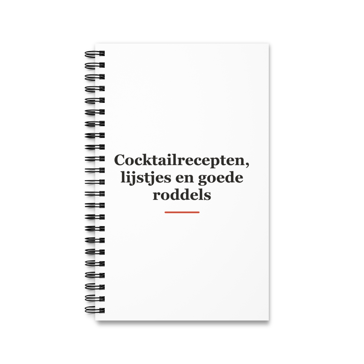 Notitieboek met tekst “Cocktailrecepten, lijstjes en goede roddels” — cadeau voor een barman