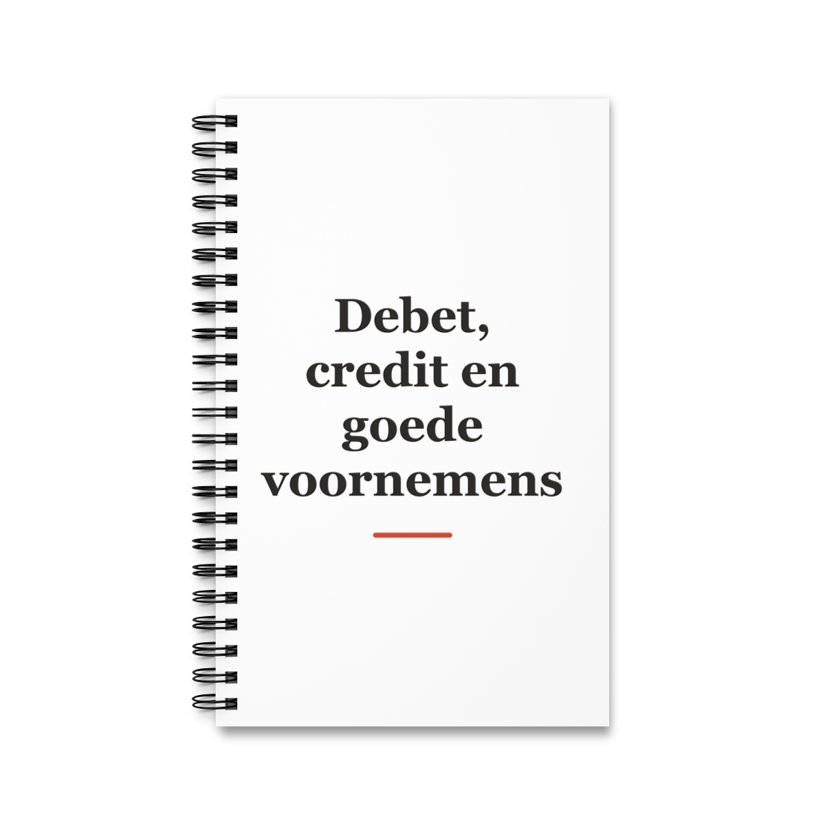 Notitieboek met tekst “Debet, credit en goede voornemens” — cadeau voor een boekhouder