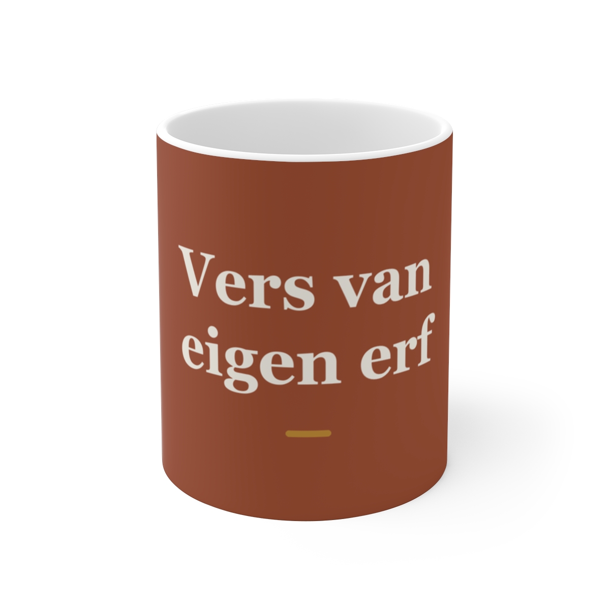 Mok met tekst “Vers van eigen erf” — cadeau voor een boer
