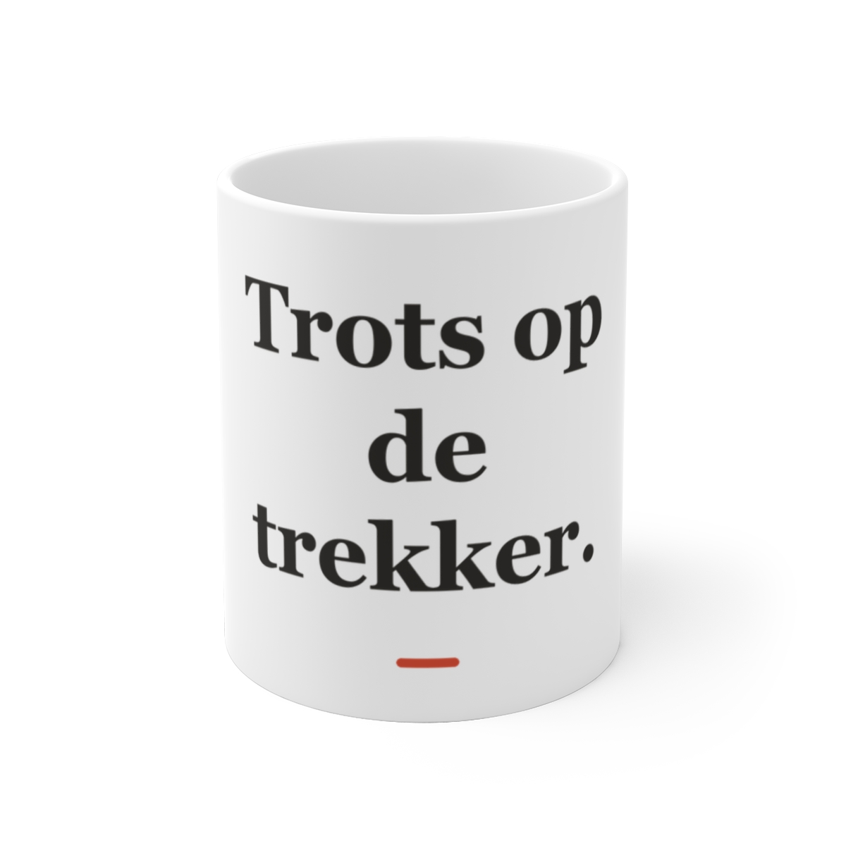 Mok met tekst “Trots op de trekker.” — cadeau voor een boer