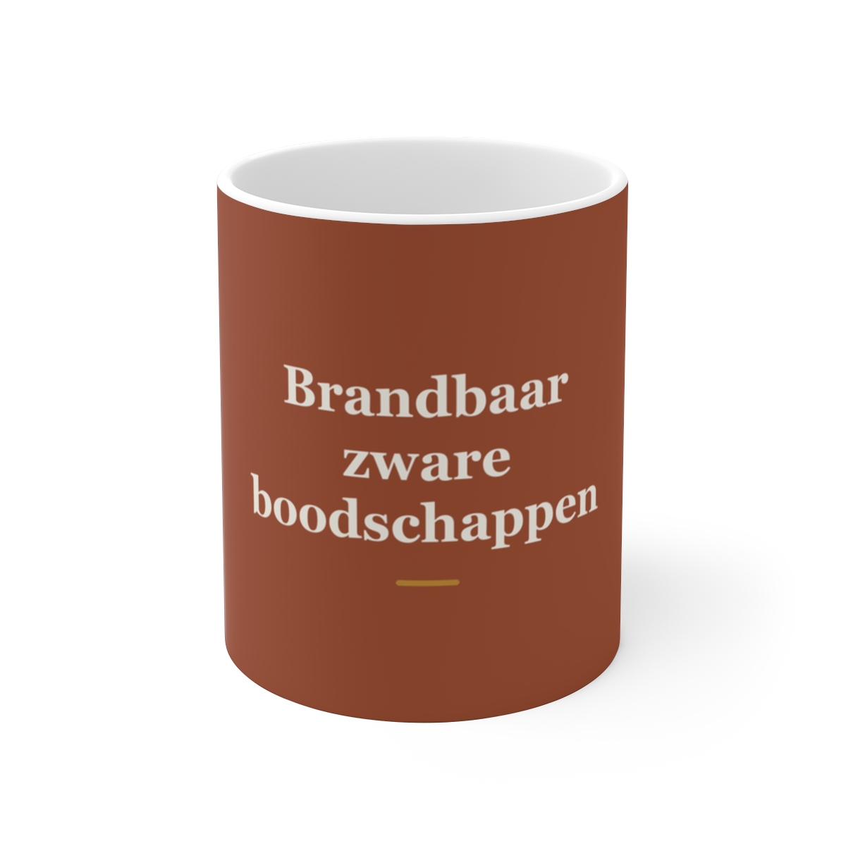 Mok met tekst “Brandbaar zware boodschappen” — cadeau voor een brandweerman