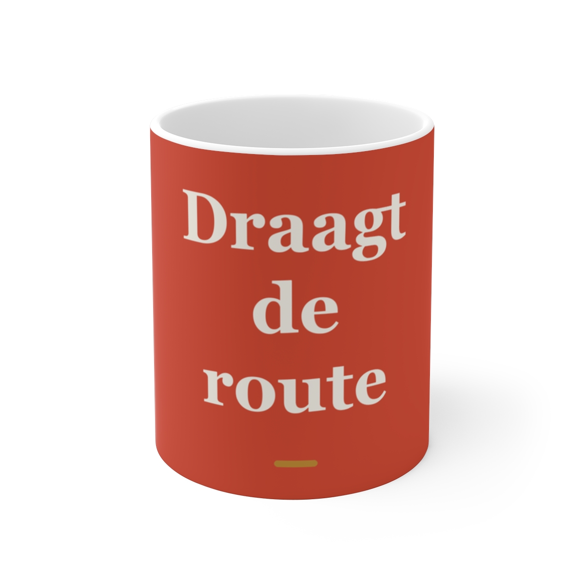 Mok met tekst “Draagt de route” — cadeau voor een buschauffeur