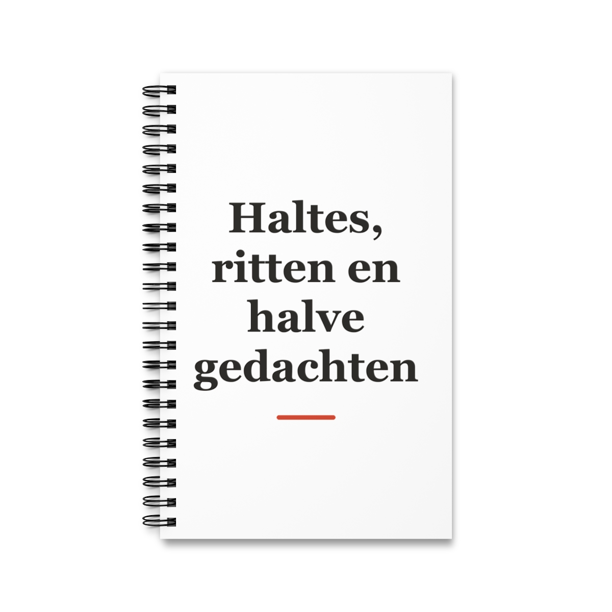 Notitieboek met tekst “Haltes, ritten en halve gedachten” — cadeau voor een buschauffeur