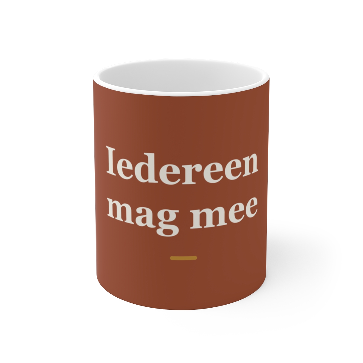Mok met tekst “Iedereen mag mee” — cadeau voor een buschauffeur