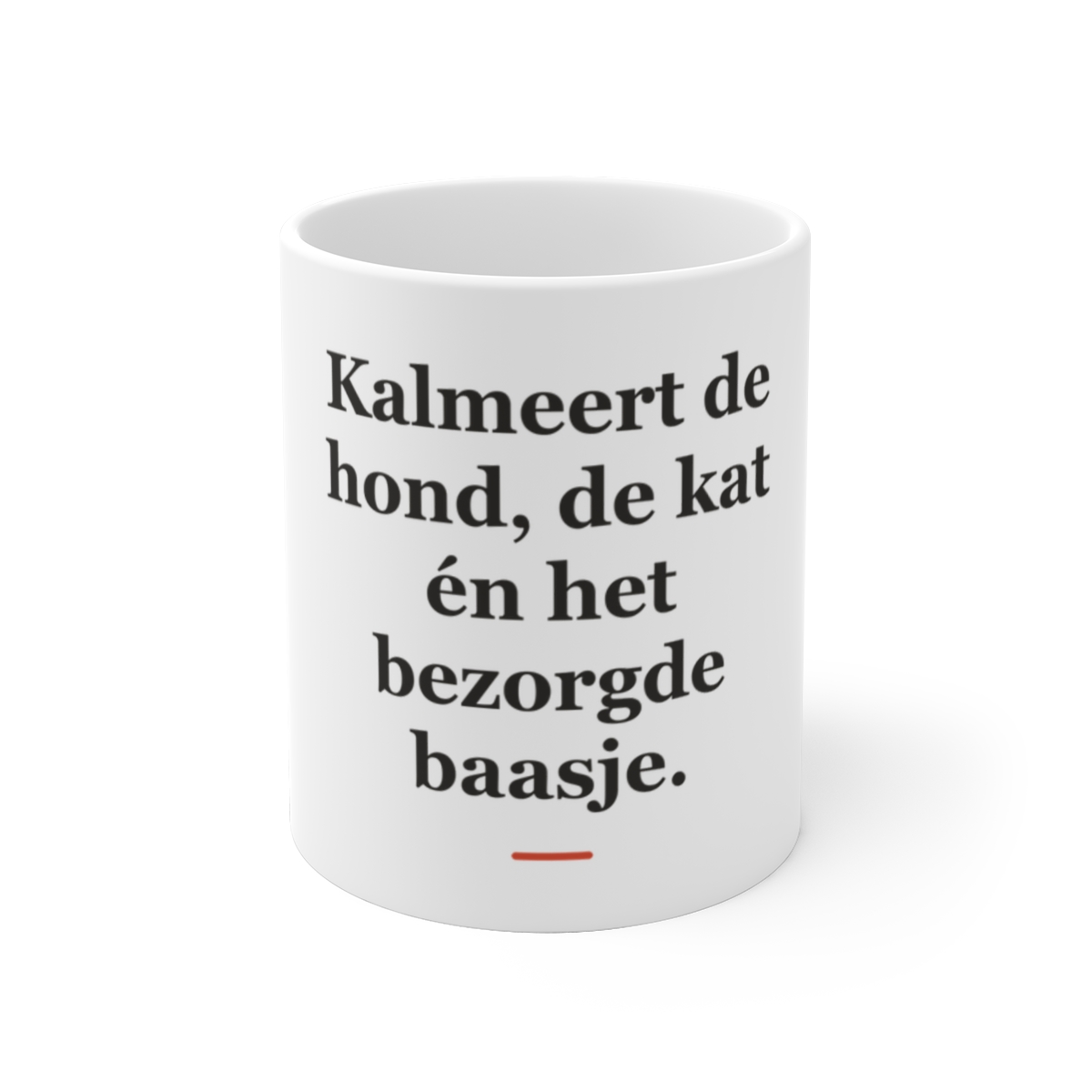 Mok met tekst “Kalmeert de hond, de kat én het bezorgde baasje.” — cadeau voor een dierenarts