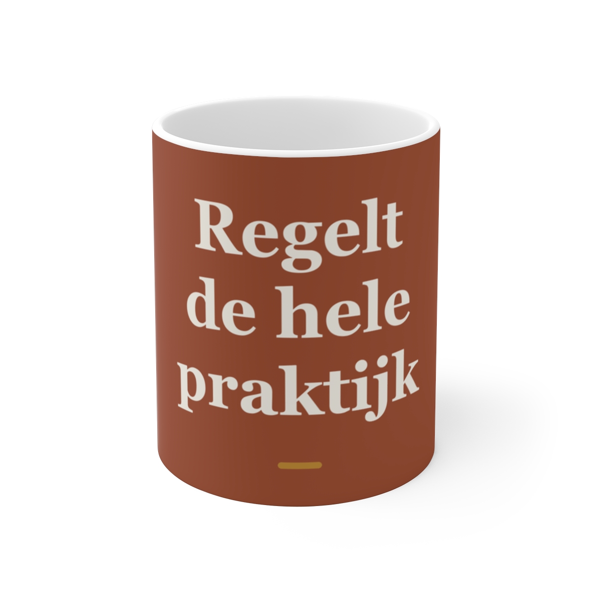 Mok met tekst “Regelt de hele praktijk” — cadeau voor een doktersassistent