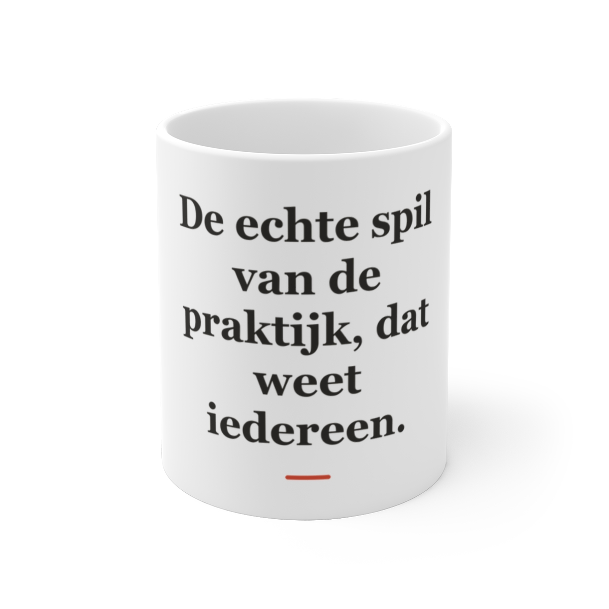 Mok met tekst “De echte spil van de praktijk, dat weet iedereen.” — cadeau voor een doktersassistent