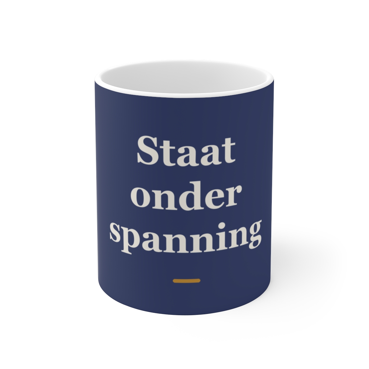 Mok met tekst “Staat onder spanning” — cadeau voor een elektricien