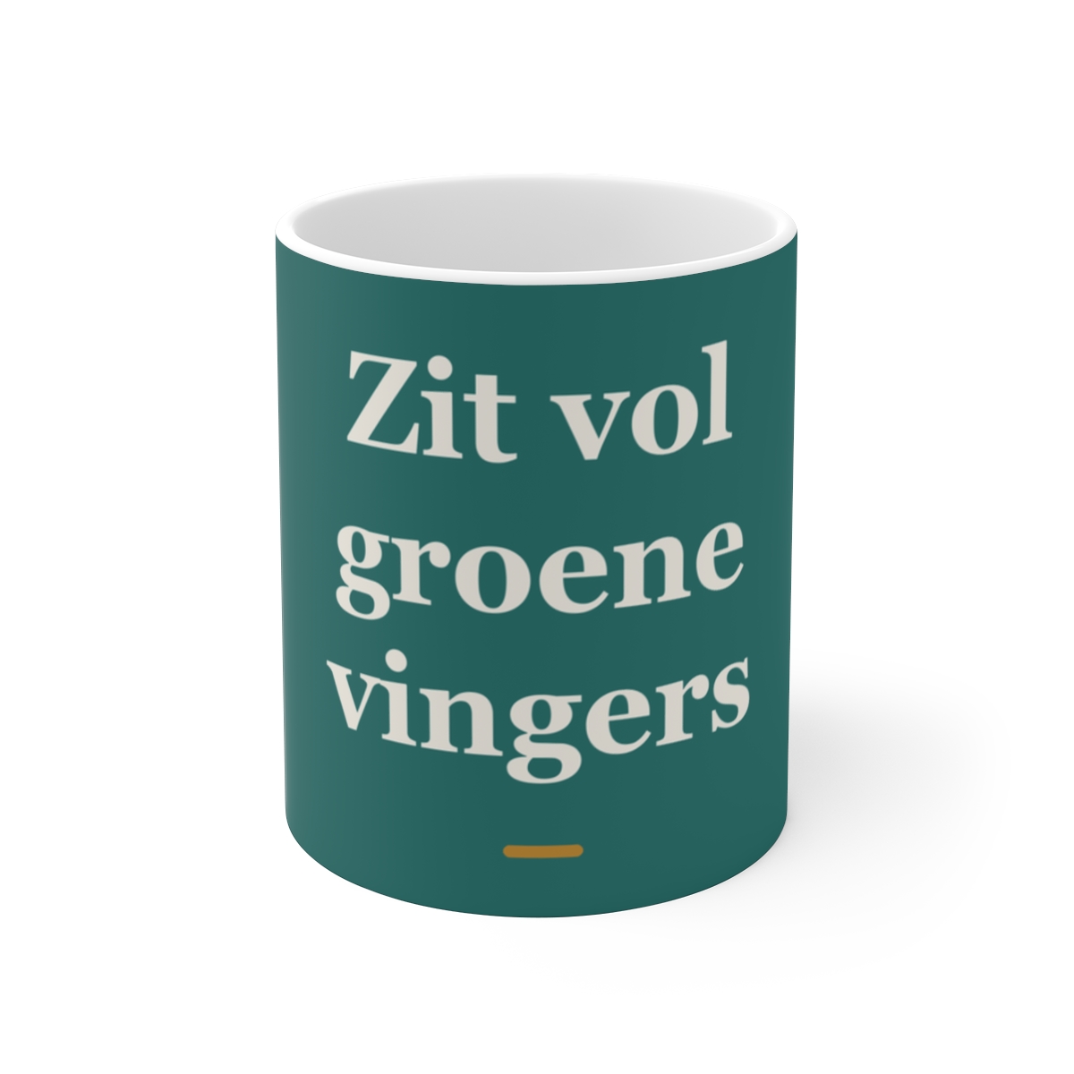 Mok met tekst “Zit vol groene vingers” — cadeau voor een hovenier