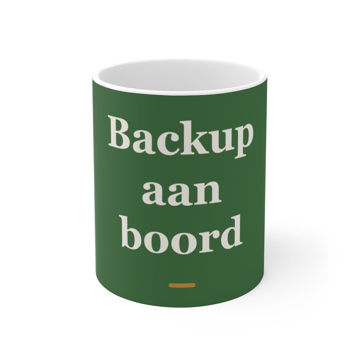 Mok met tekst “Backup aan boord” — cadeau voor een ICT'er