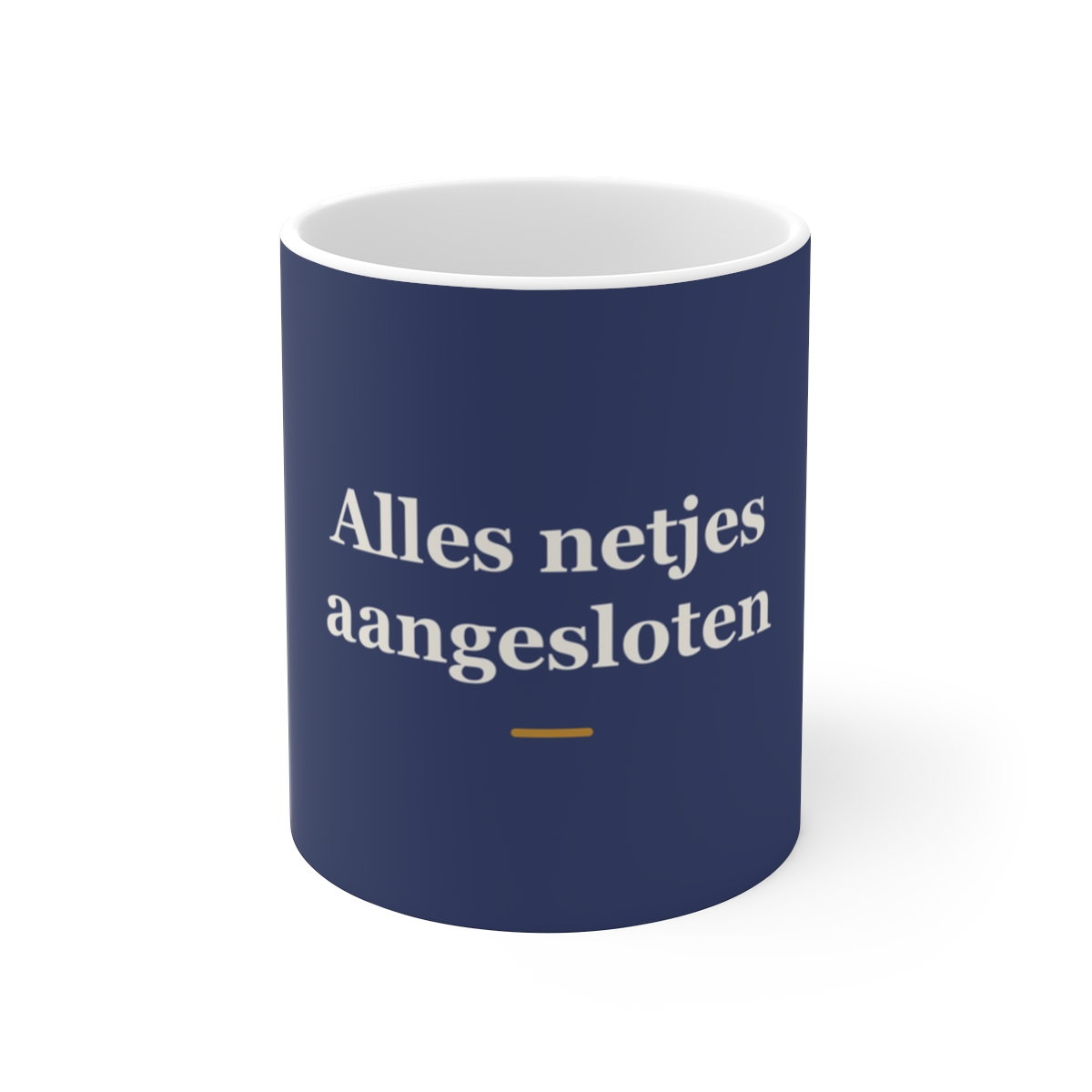 Mok met tekst “Alles netjes aangesloten” — cadeau voor een installateur