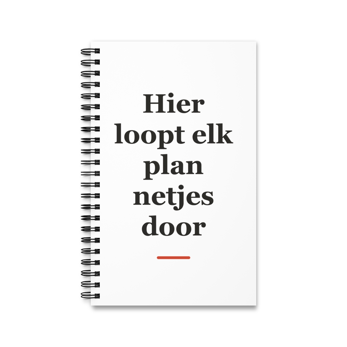 Notitieboek met tekst “Hier loopt elk plan netjes door” — cadeau voor een installateur