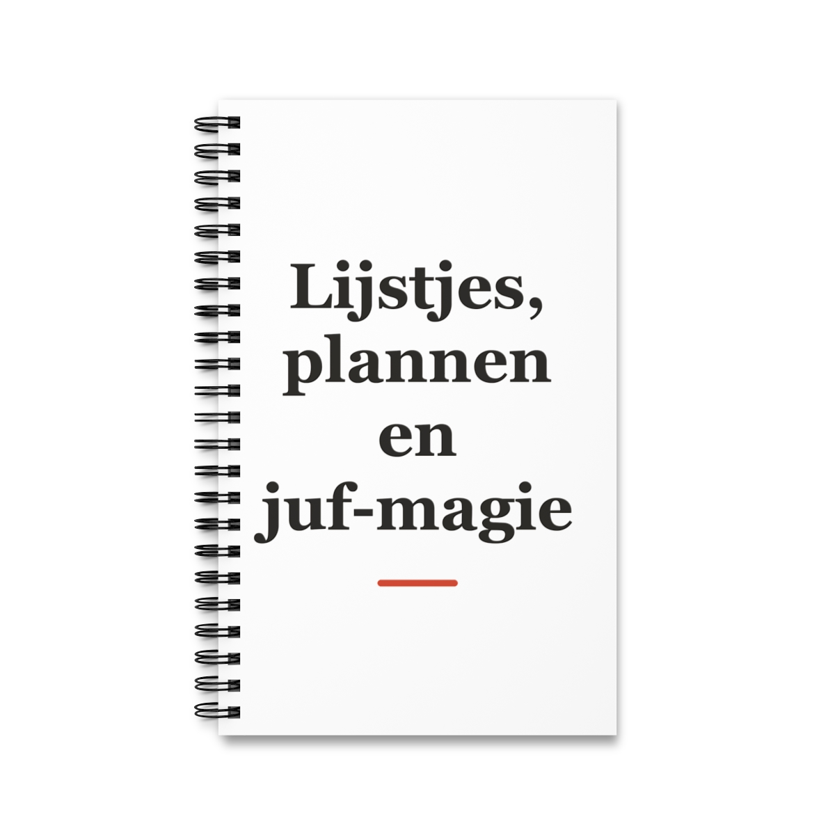 Notitieboek met tekst “Lijstjes, plannen en juf-magie” — cadeau voor een juf