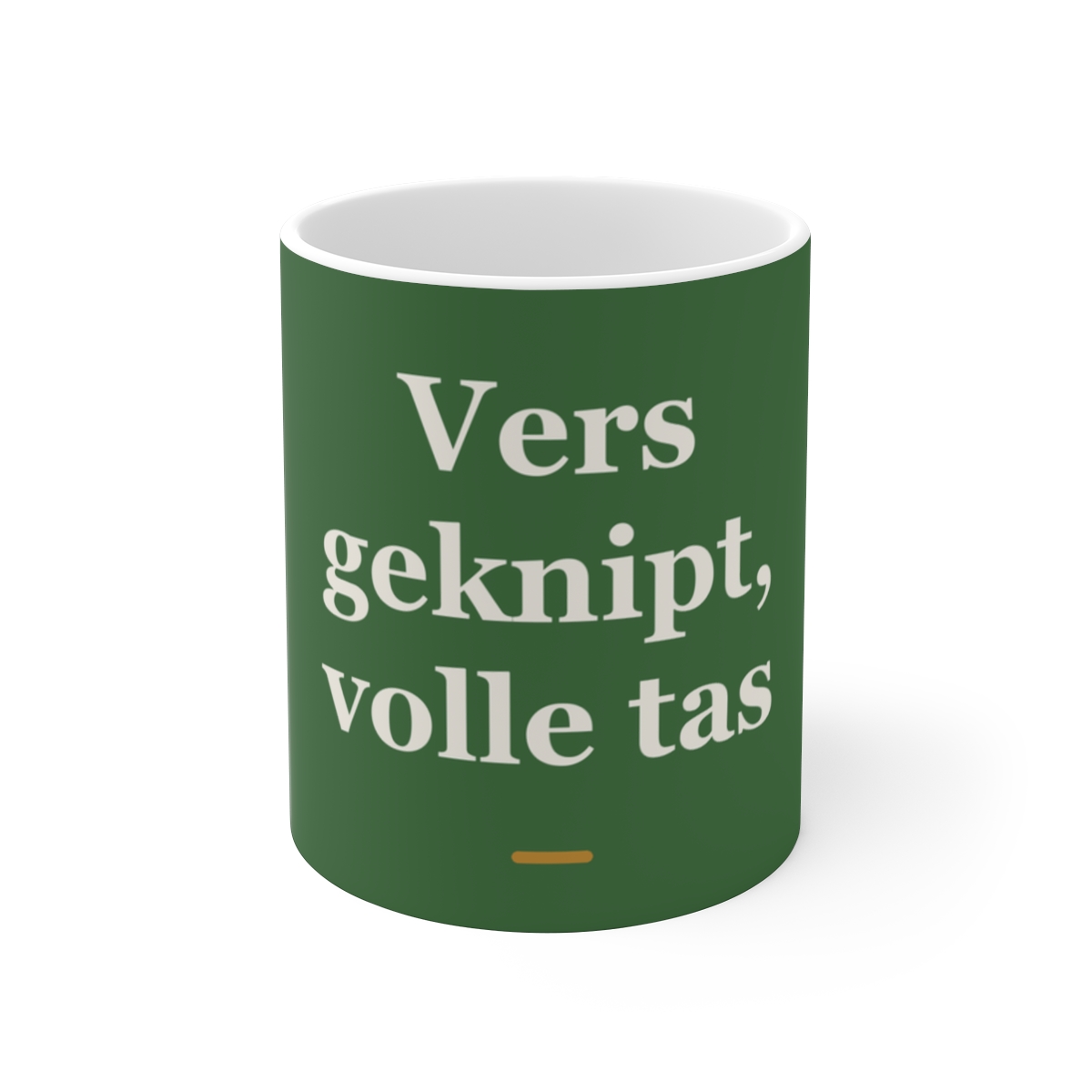 Mok met tekst “Vers geknipt, volle tas” — cadeau voor een kapper