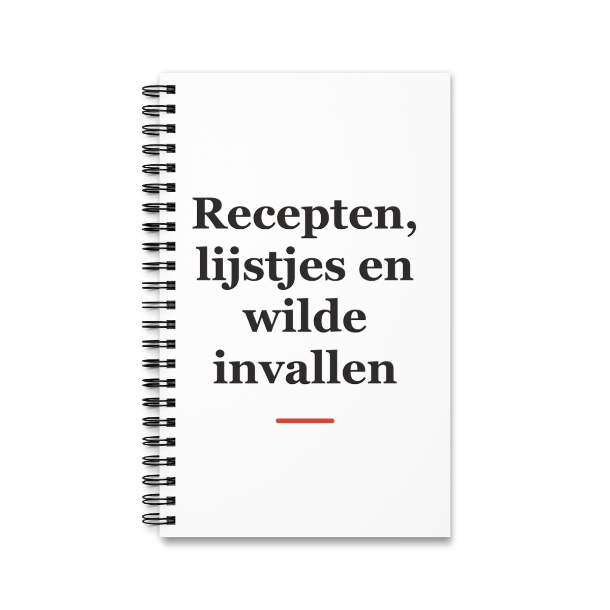 Notitieboek met tekst “Recepten, lijstjes en wilde invallen” — cadeau voor een kok