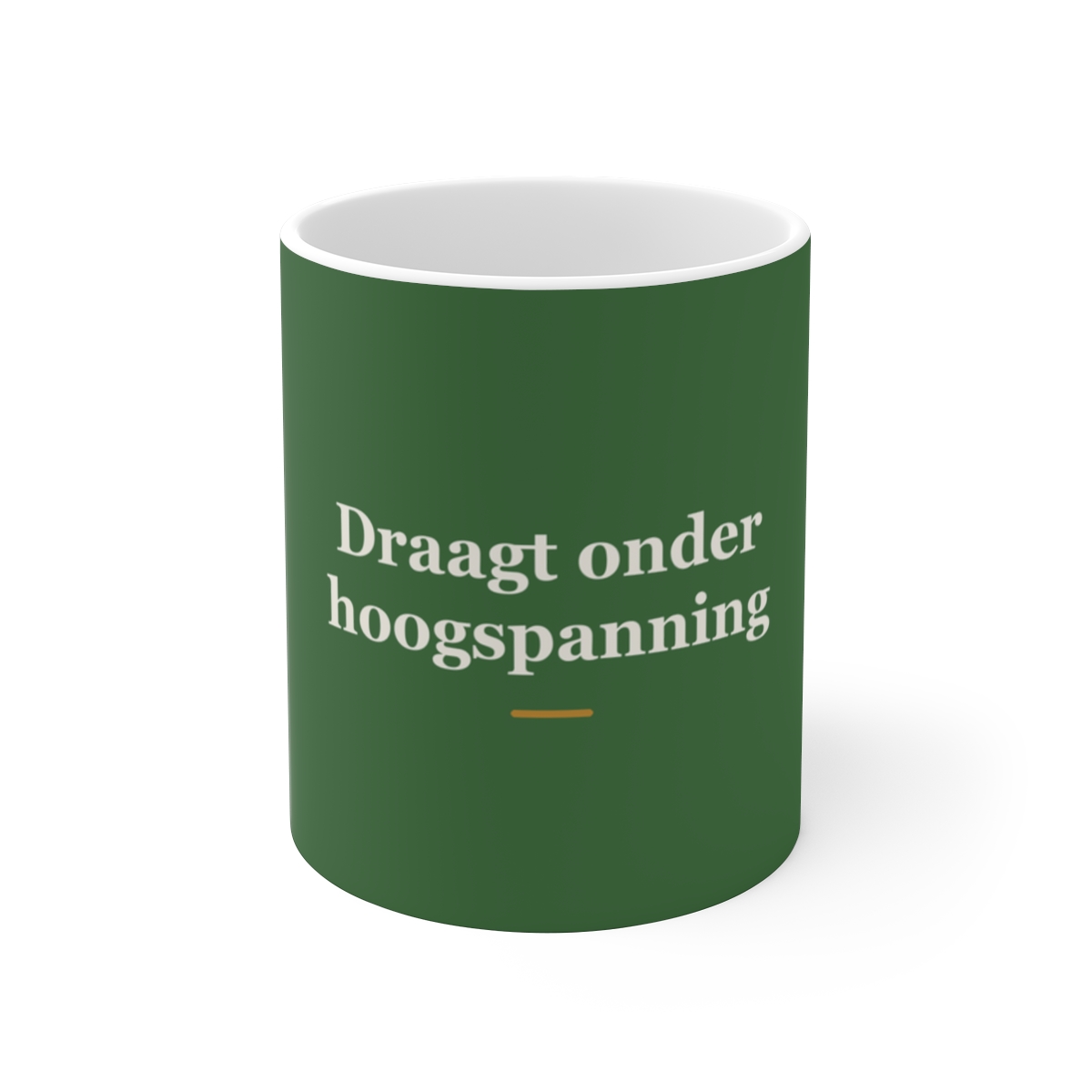 Mok met tekst “Draagt onder hoogspanning” — cadeau voor een lasser