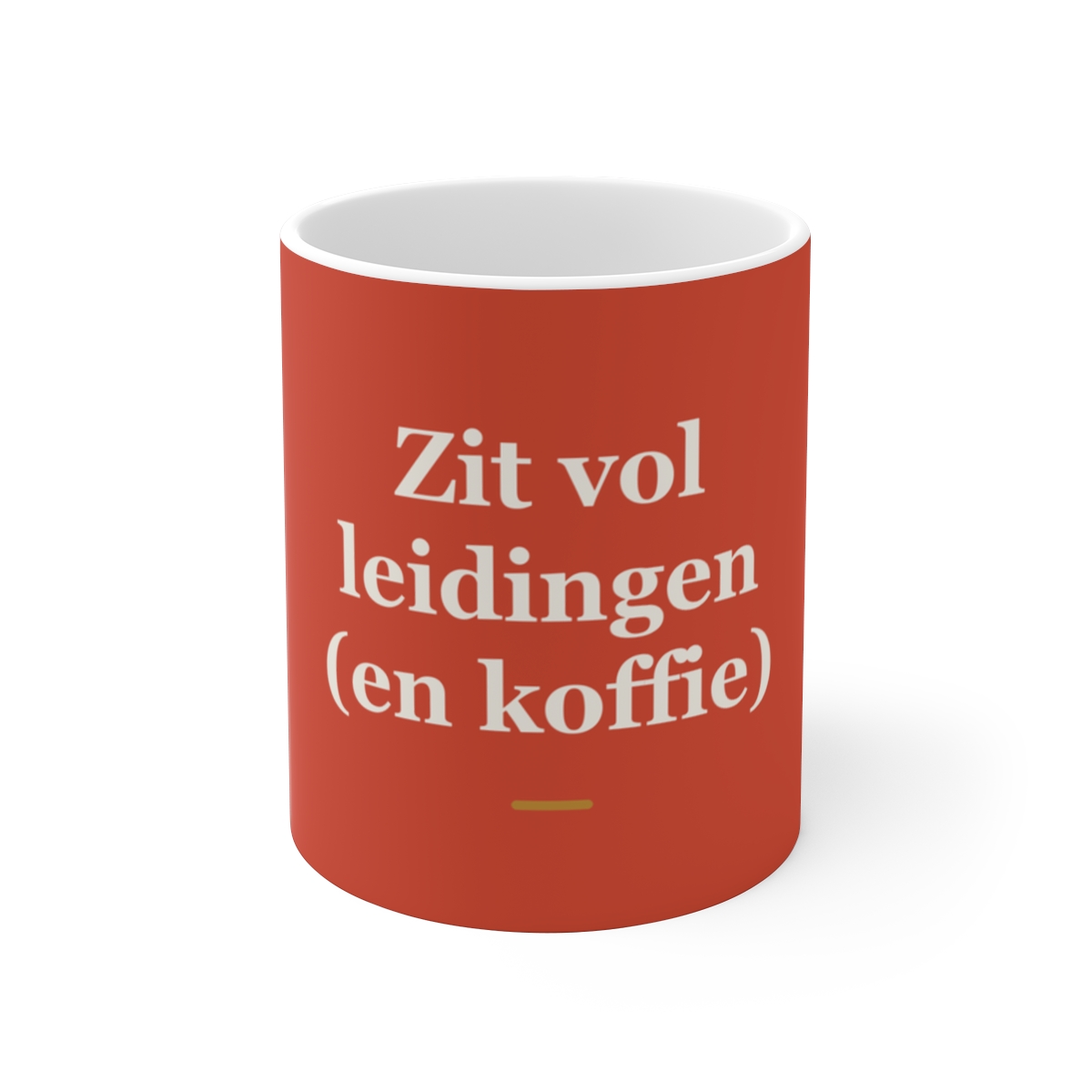 Mok met tekst “Zit vol leidingen (en koffie)” — cadeau voor een loodgieter