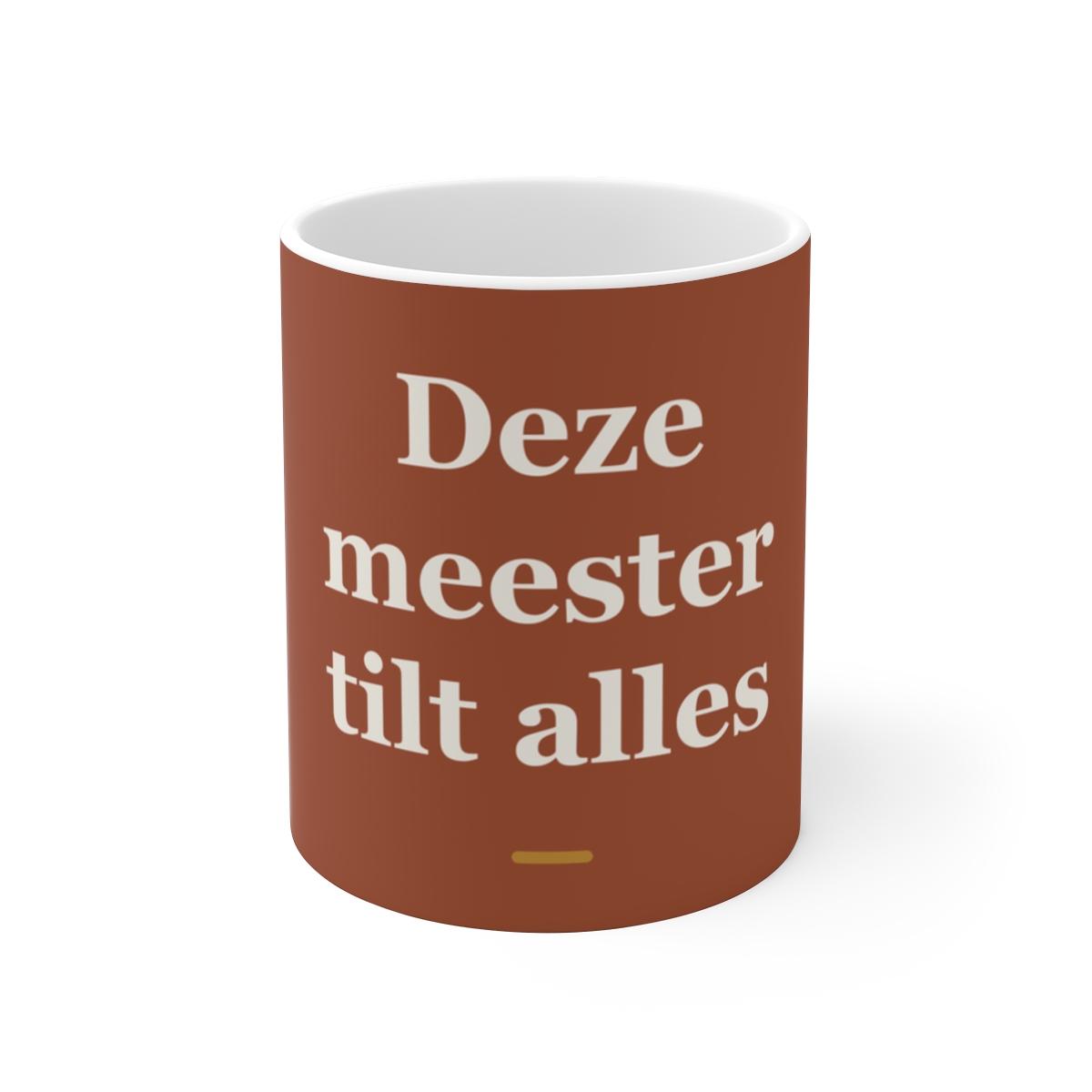 Mok met tekst “Deze meester tilt alles” — cadeau voor een meester