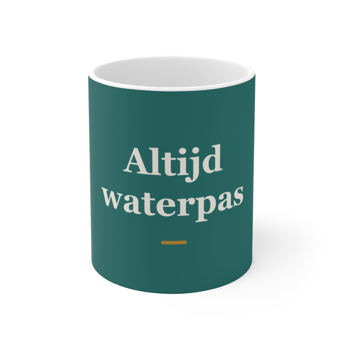 Mok met tekst “Altijd waterpas” — cadeau voor een metselaar