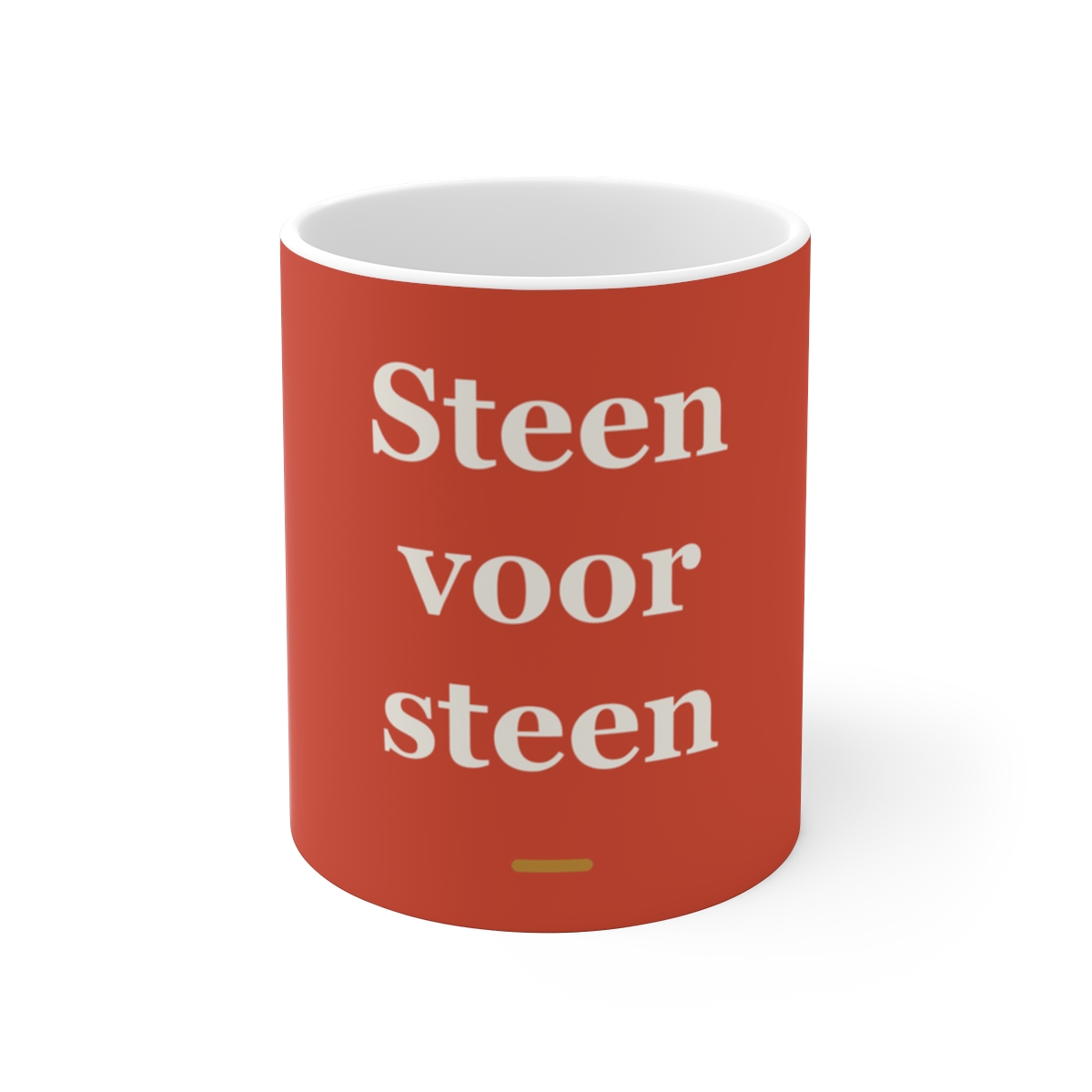 Mok met tekst “Steen voor steen” — cadeau voor een metselaar