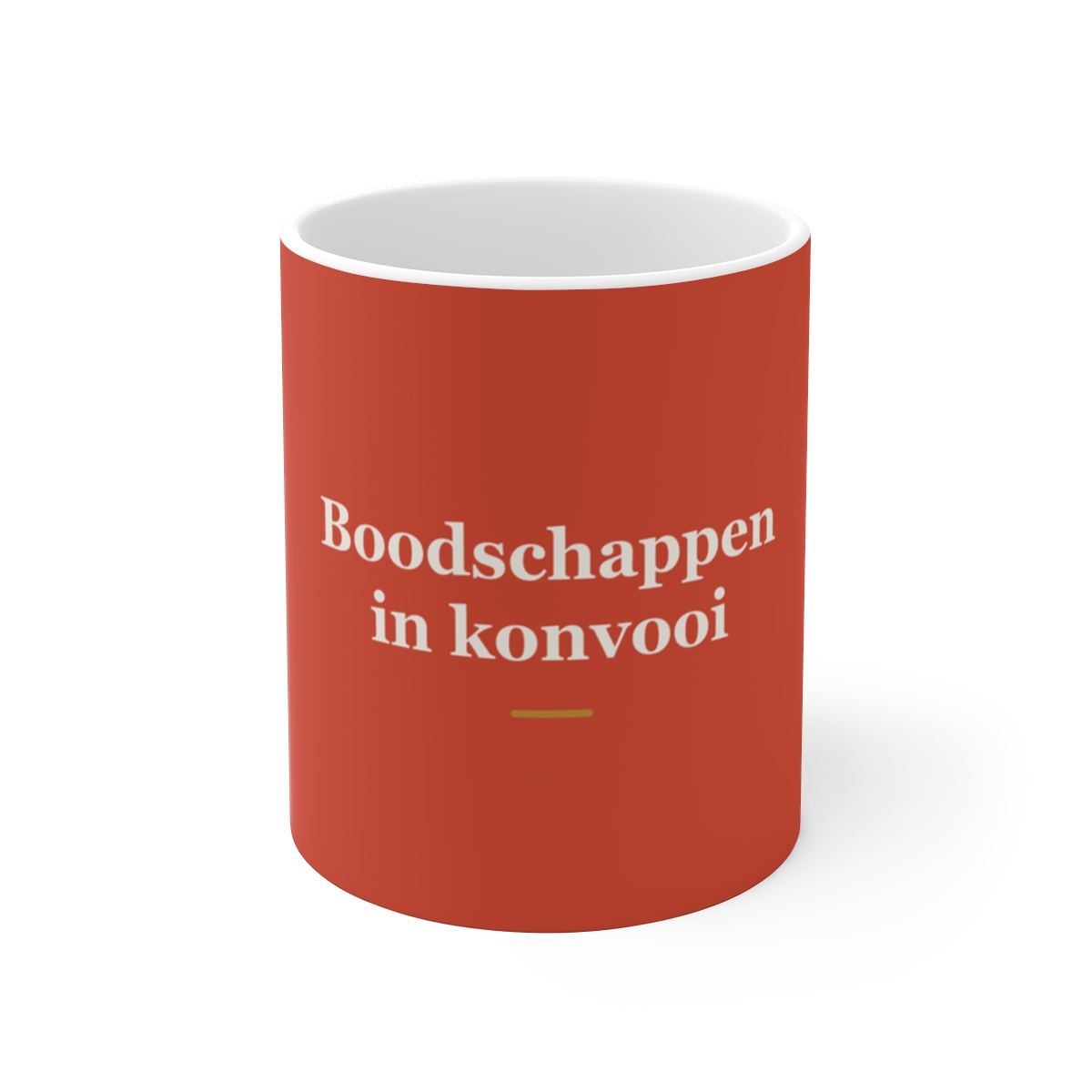 Mok met tekst “Boodschappen in konvooi” — cadeau voor een militair