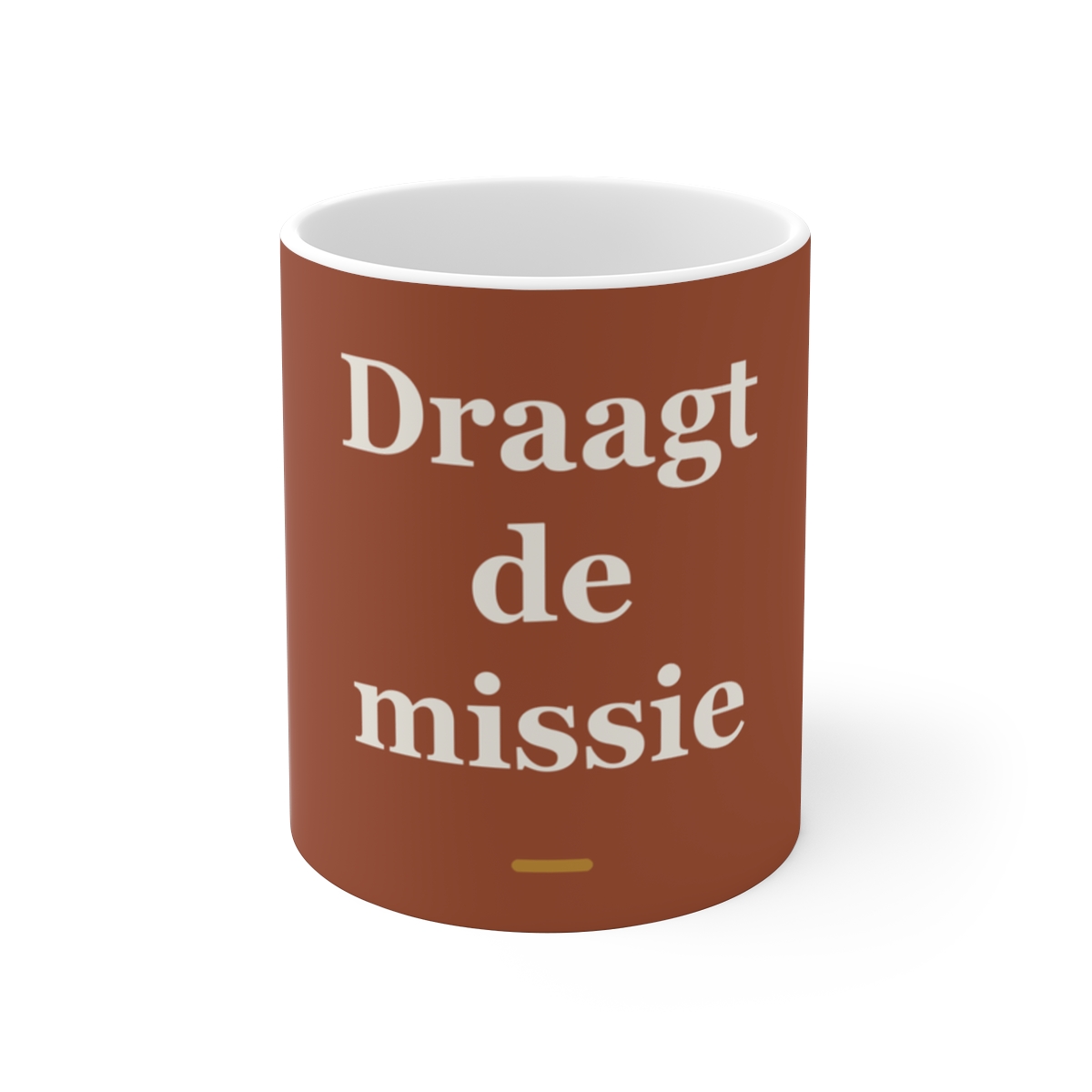 Mok met tekst “Draagt de missie” — cadeau voor een militair