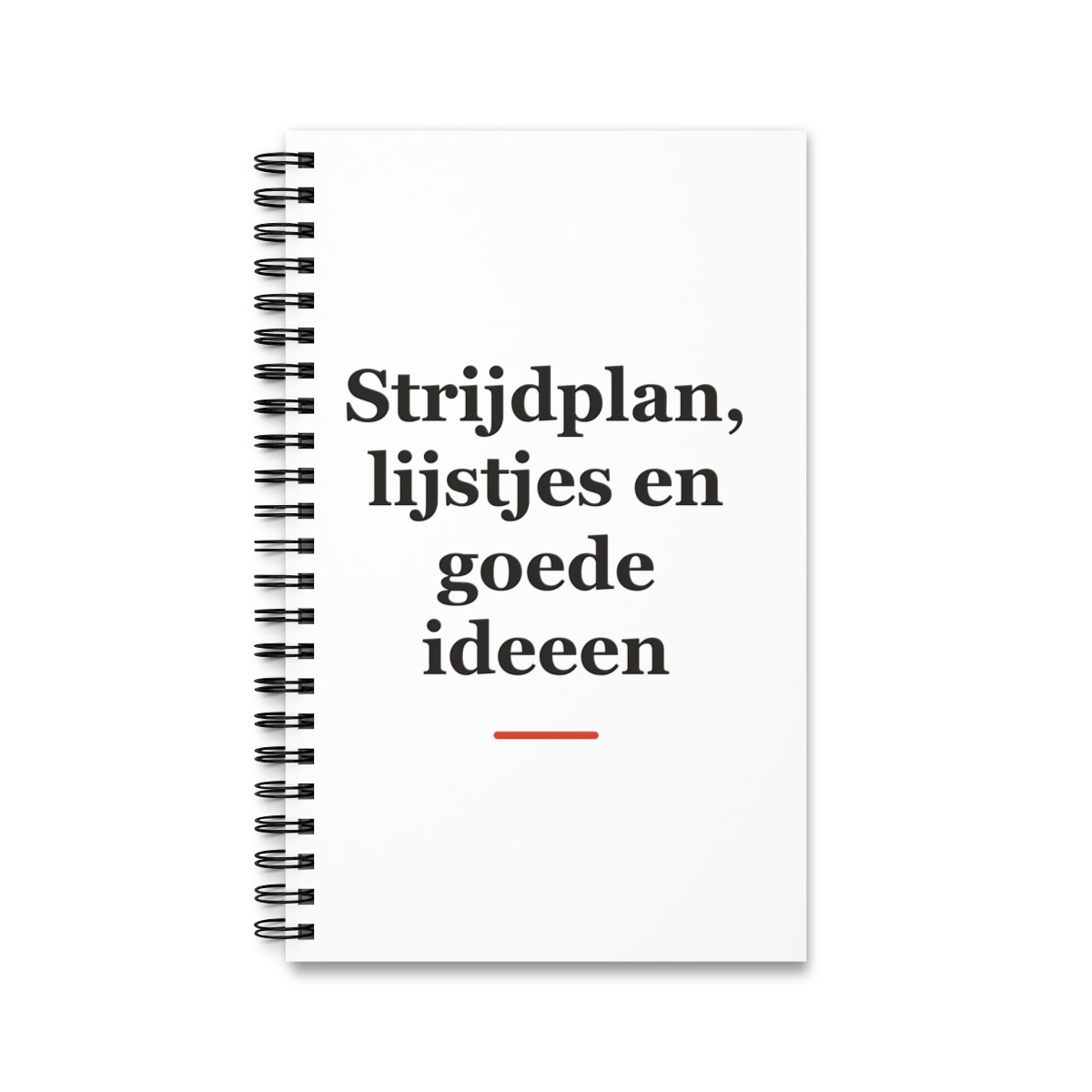 Notitieboek met tekst “Strijdplan, lijstjes en goede ideeen” — cadeau voor een militair