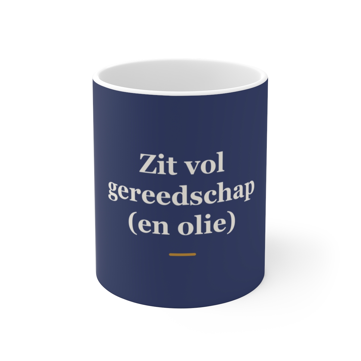 Mok met tekst “Zit vol gereedschap (en olie)” — cadeau voor een monteur