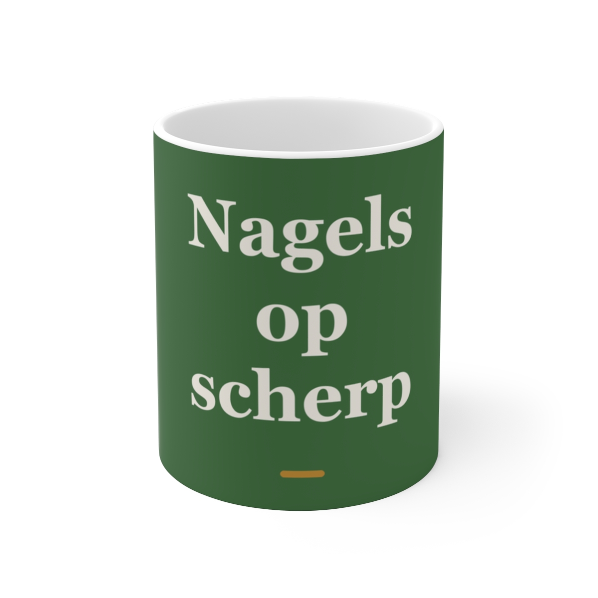 Mok met tekst “Nagels op scherp” — cadeau voor een nagelstyliste