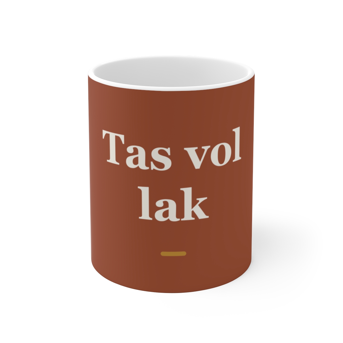 Mok met tekst “Tas vol lak” — cadeau voor een nagelstyliste