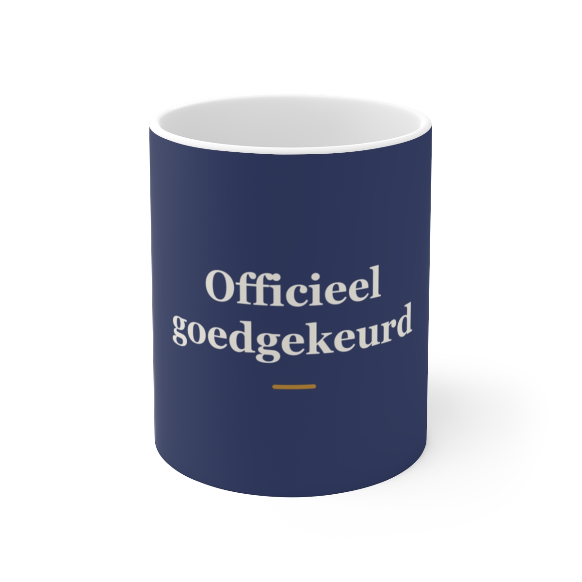 Mok met tekst “Officieel goedgekeurd” — cadeau voor een notaris