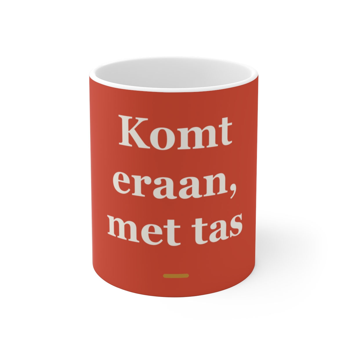 Mok met tekst “Komt eraan, met tas” — cadeau voor een ober