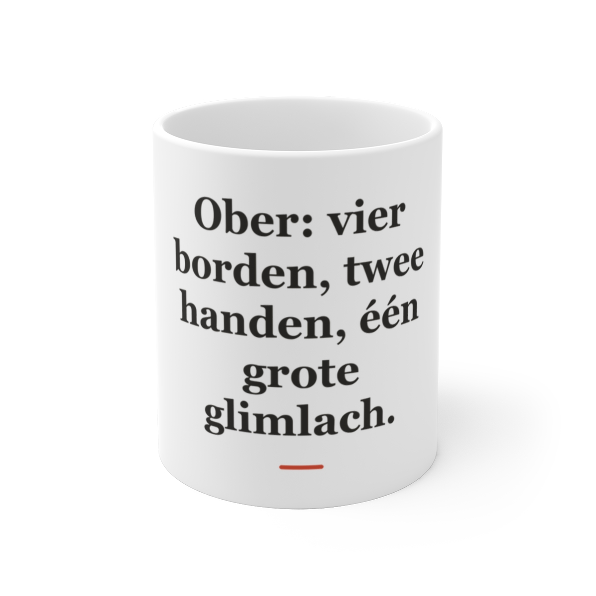 Mok met tekst “Ober: vier borden, twee handen, één grote glimlach.” — cadeau voor een ober