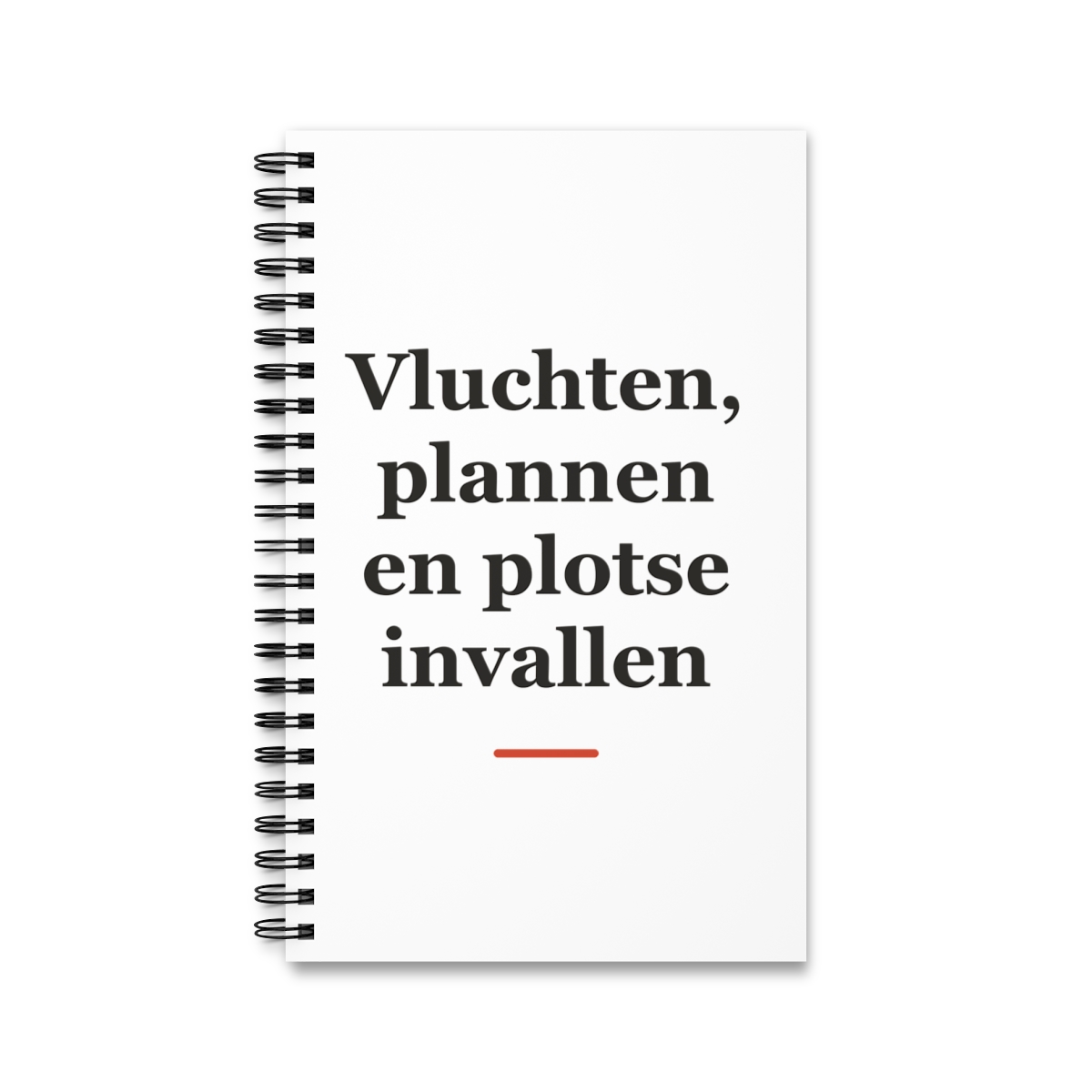 Notitieboek met tekst “Vluchten, plannen en plotse invallen” — cadeau voor een piloot