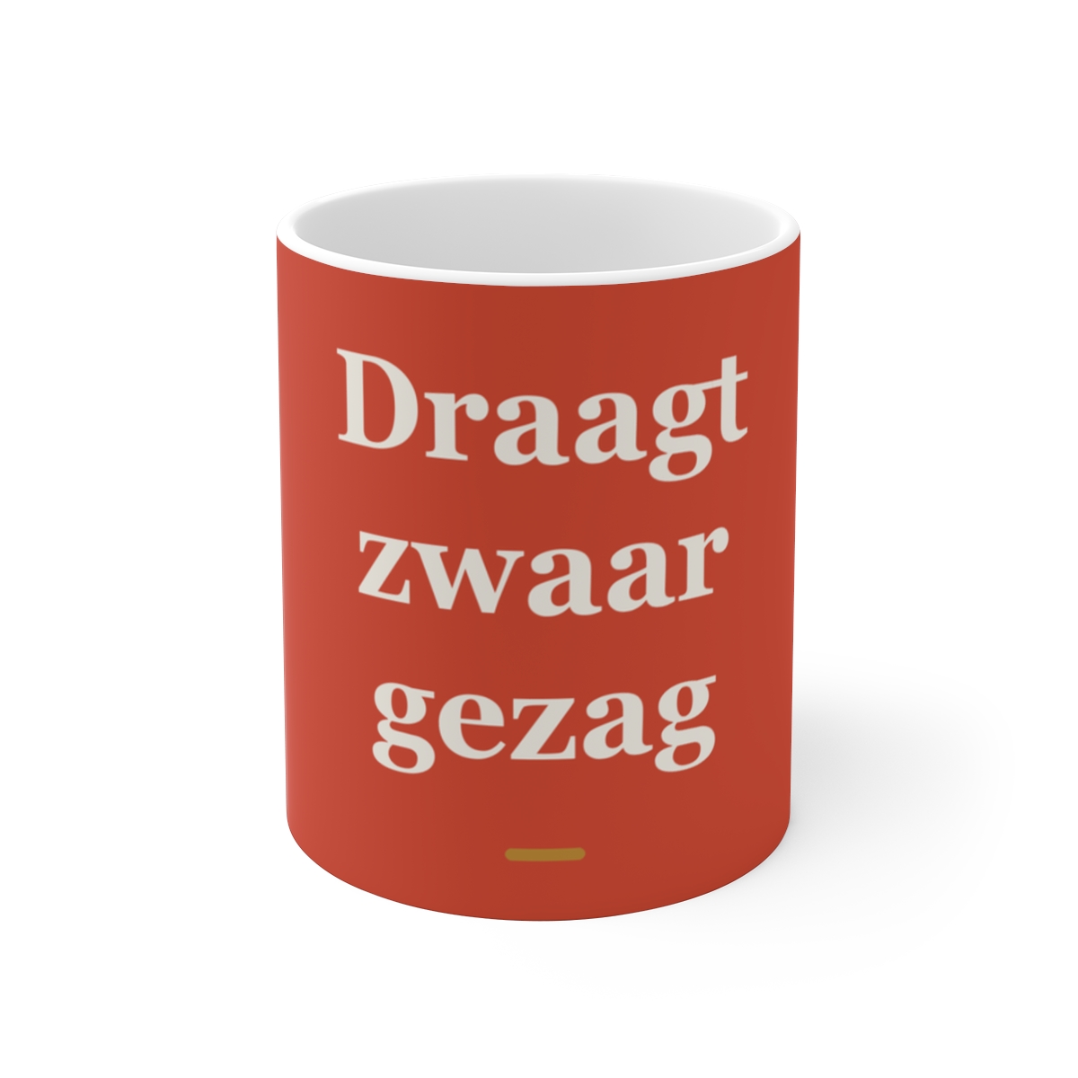 Mok met tekst “Draagt zwaar gezag” — cadeau voor een politieagent