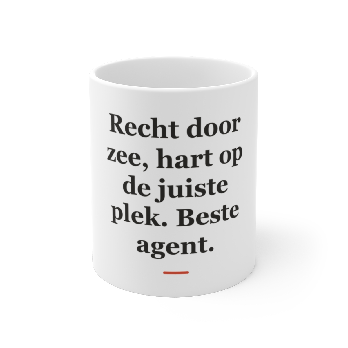Mok met tekst “Recht door zee, hart op de juiste plek. Beste agent.” — cadeau voor een politieagent