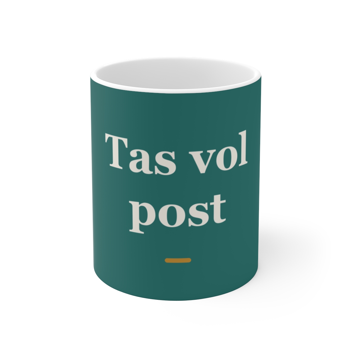 Mok met tekst “Tas vol post” — cadeau voor een postbode
