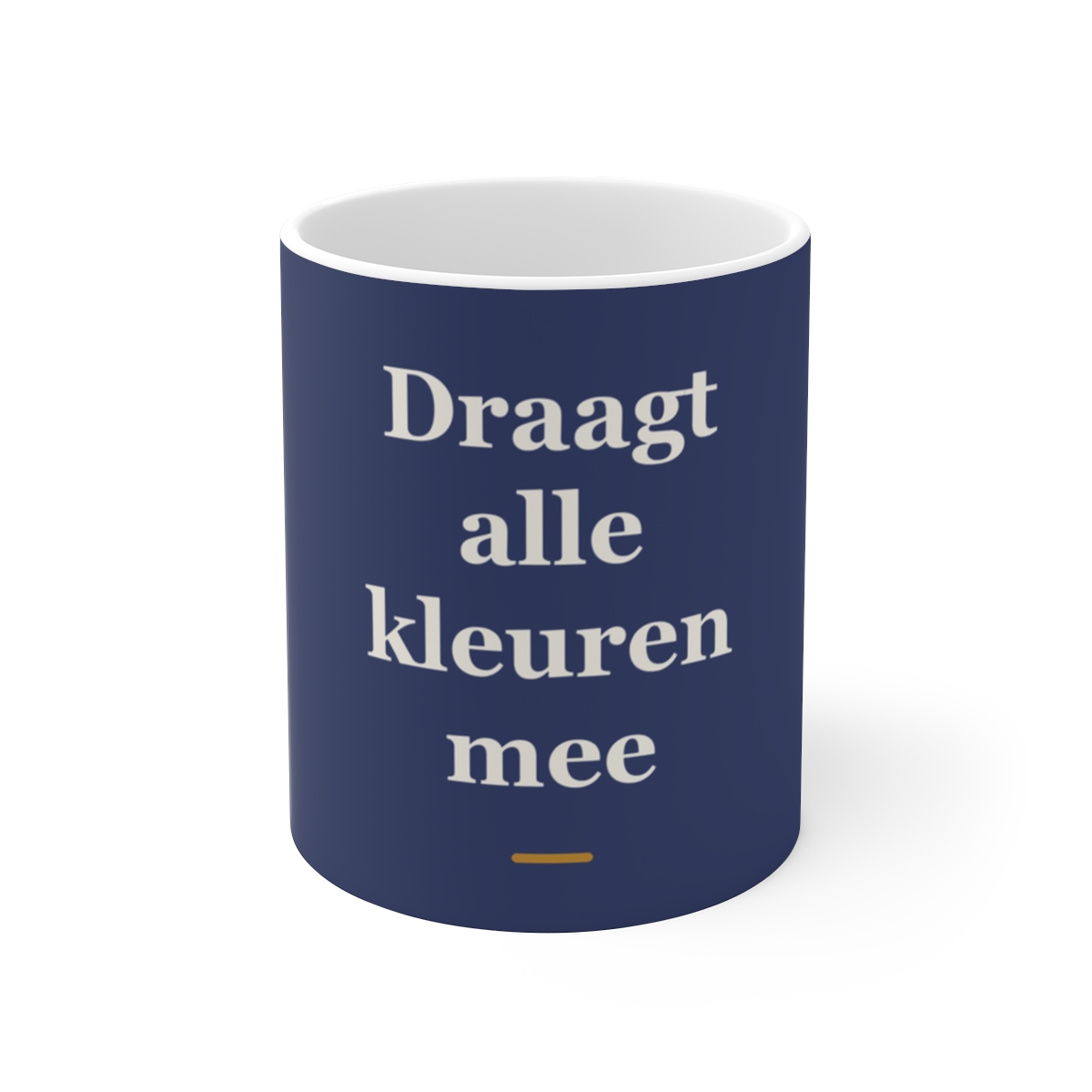 Mok met tekst “Draagt alle kleuren mee” — cadeau voor een schilder