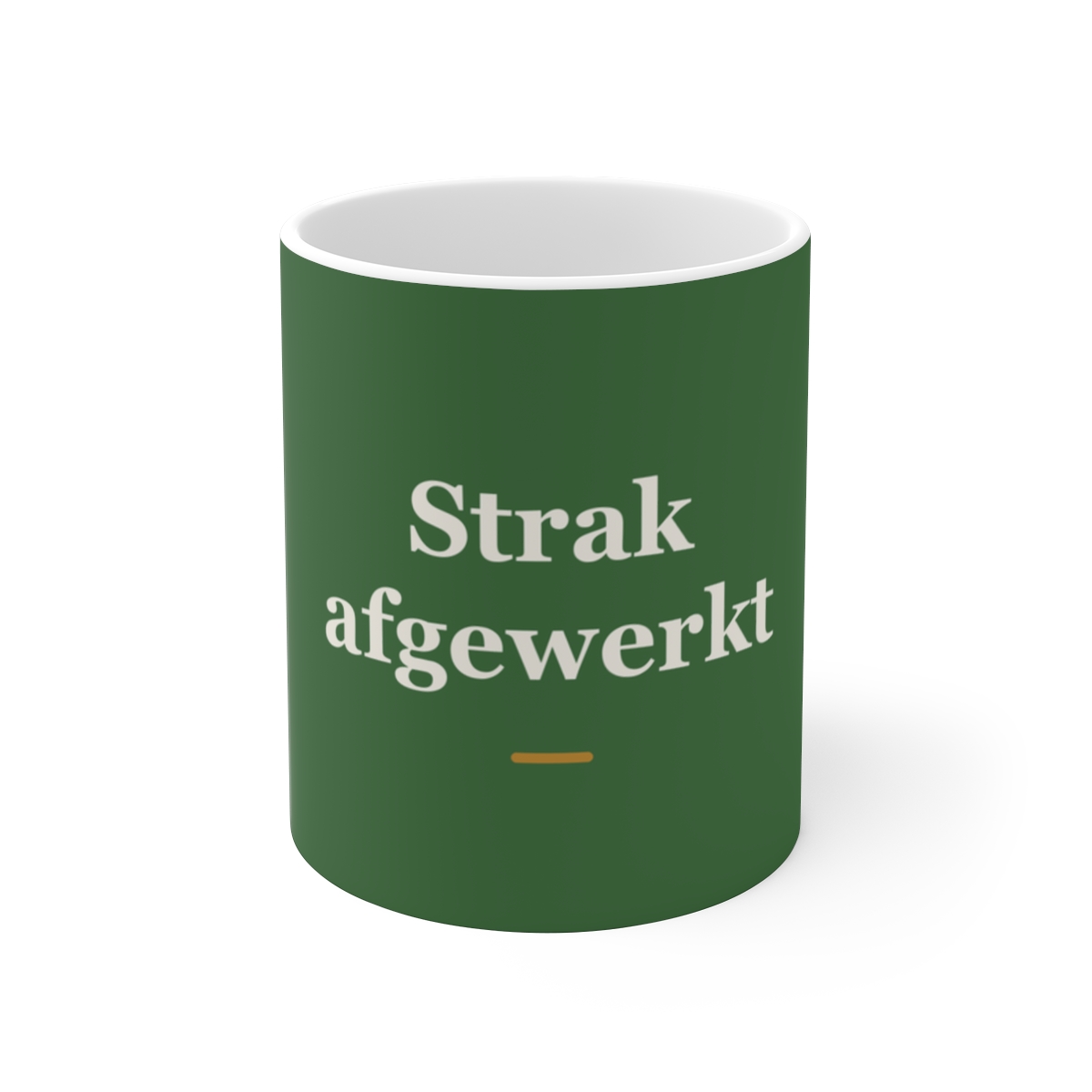 Mok met tekst “Strak afgewerkt” — cadeau voor een schilder