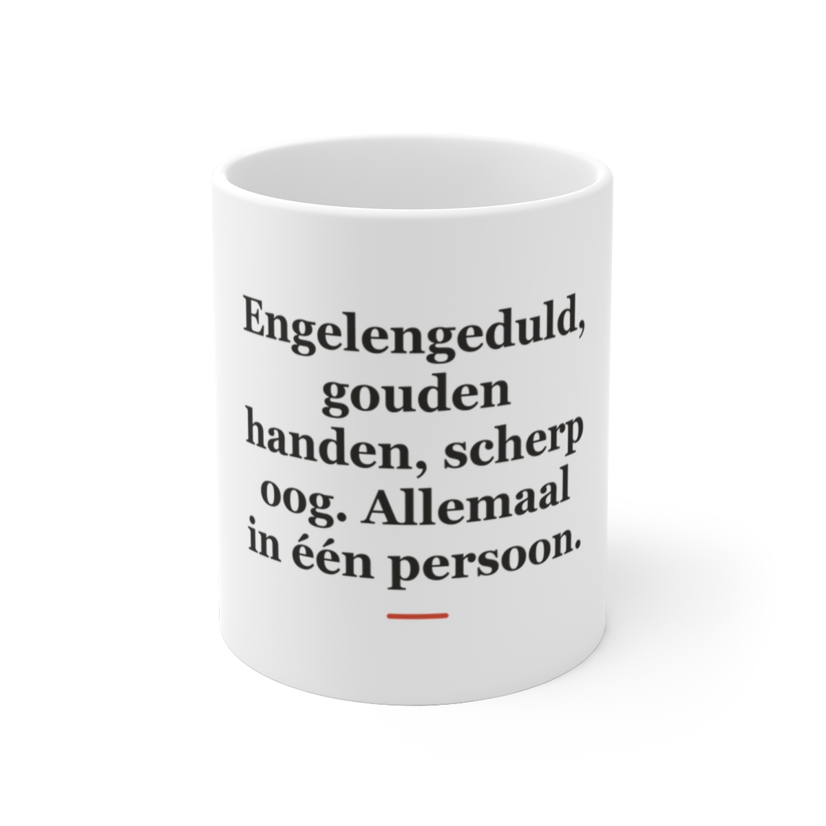 Mok met tekst “Engelengeduld, gouden handen, scherp oog. Allemaal in één persoon.” — cadeau voor een schoonheidsspecialiste