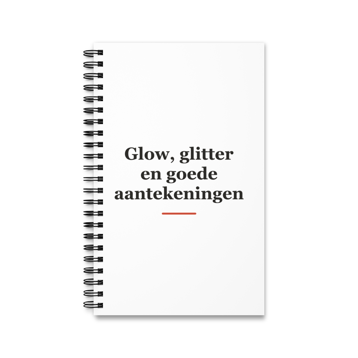 Notitieboek met tekst “Glow, glitter en goede aantekeningen” — cadeau voor een schoonheidsspecialiste